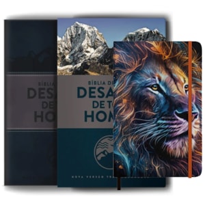 Kit Dia dos Pais - Bíblia Sagrada de Estudo Desafios de Todo Homem | NVT | Azul + Caderno Moleskine | Capa Leão Colorido
